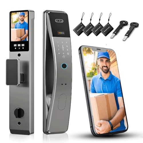 Smart Door Lock with Camera Display, Face Recognition, Fingerprint, Palm vin Scanner, Keypad, IC Cards, Keys, Silver