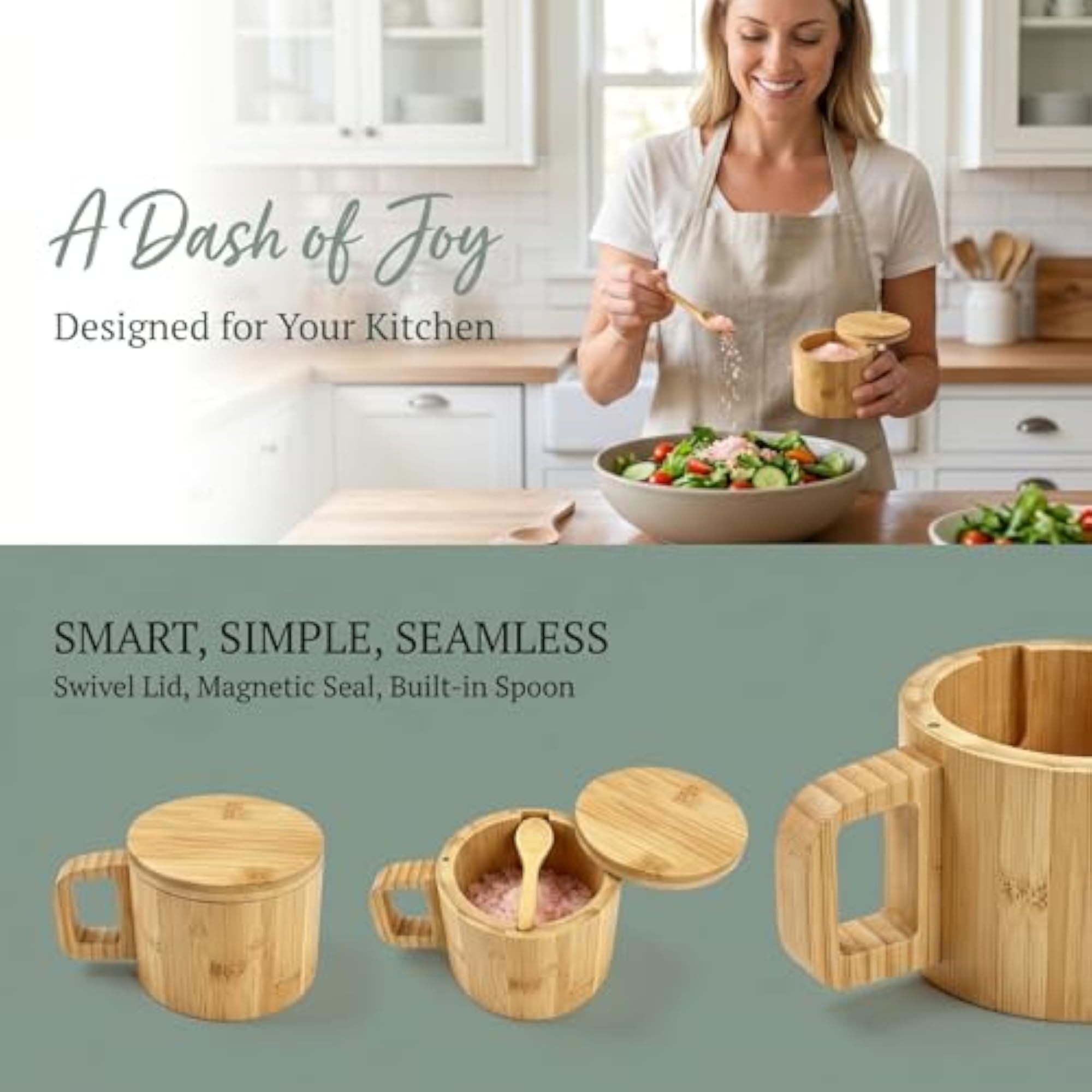 Bamboo Salt Cellar with Handle, Magnetic Swivel Lid & Spoon