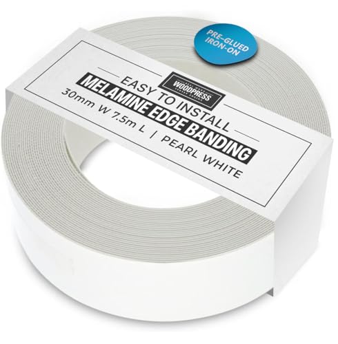 WoodPress® 30mm Pearlised White Melamine Edging, Pre-Glued Veneer Tape – 7.5m Roll - Iron-On for Easy DIY Application – Will Cover the Edge of a Standard MDF Panel