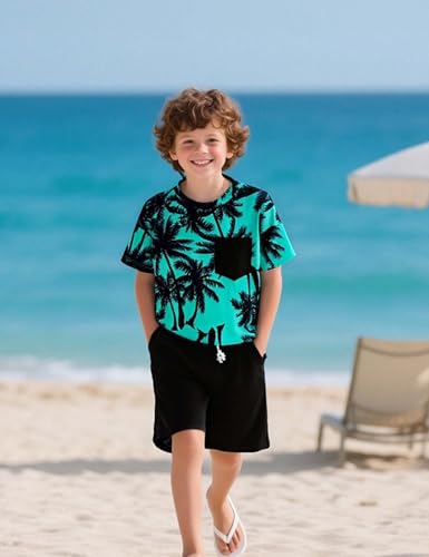 Image of GERU Boy Shorts Sets Hawaiian Outfit Kid Leaves Floral Short Sleeve Shirt Top+shorts Suits