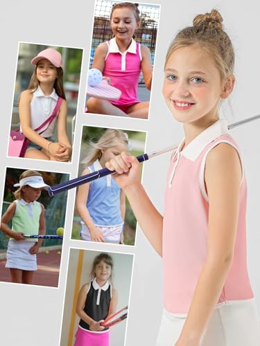 Image of Girls Sleeveless Polo Shirts Contrast Collar Tennis Golf Tank Tops Quick Dry Breathable Athletic Shirts