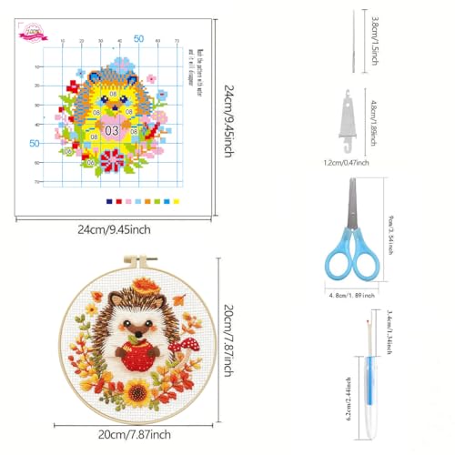 Image of Zhenqing Autumn Animals Cross Stitch Kit - 4-Piece Set with Pre-Printed 11CT 24x24cm Fabric, Hoop & Tools, Fall Theme Animal Designs for Beginners (70412)