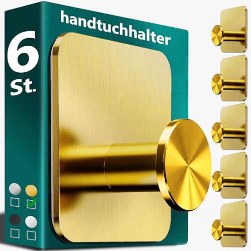 4smile Porte-serviettes sans perçage, doré - 6 pièces Porte-serviettes pour salle de bain, crochet adhésif en acier inoxydable, crochets modernes pour salle de bain, WC, cuisine - Crochets