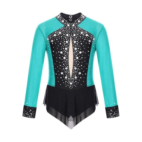 Maillot de Gimnasia Leotardos Mallas de gimnasia for niños y niñas, mono de gimnasia rítmica con diamantes de imitación, mono de patinaje artístico for yoga, leotardo de ballet(Blue Green,8)