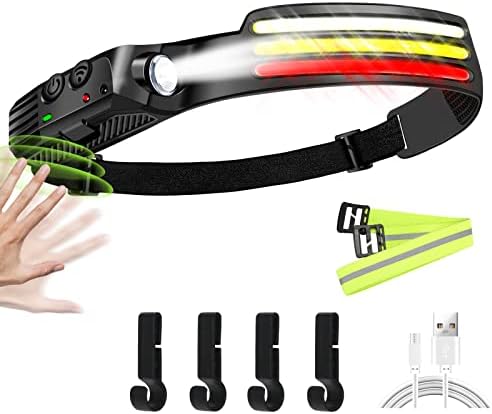 Rechargeable LED Headlamp, COB 230 ° Wide Beam, 3 Light Source Headlamp, Motion Sensor, 1200 Lumens, 10 Light Modes, IPX6 Waterproof, Headlamp Camping, Running, Cycling, Fishing