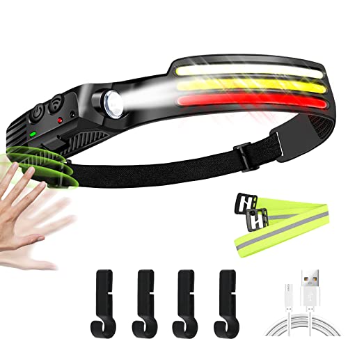 Rechargeable Led Headlamp, Cob 230 ° Wide Beam, 3 Light Source Headlamp, Motion Sensor, 1200 Lumens, 10 Light Modes, Ipx6 Waterproof, Headlamp Camping, Running, Cycling, Fishing #TOP2