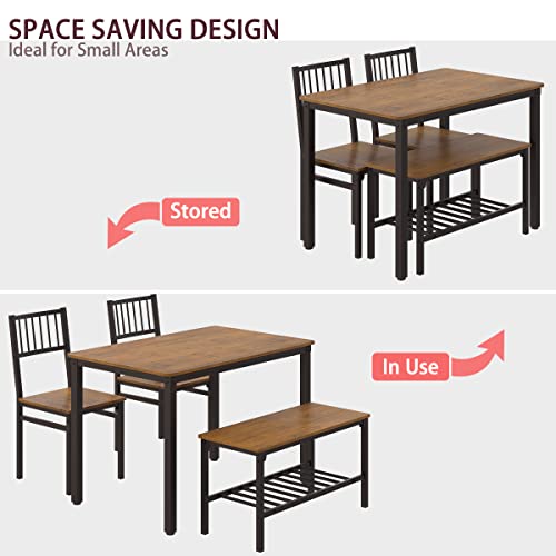 Image of Teraves Dining Table Set for 4 /Computer Desk,Kitchen Table with 2 Chairs and a Bench,Table and Chairs Dining Room Set 4 Piece Set for Dining Room (Teak, 110CM) / 43.31 inch