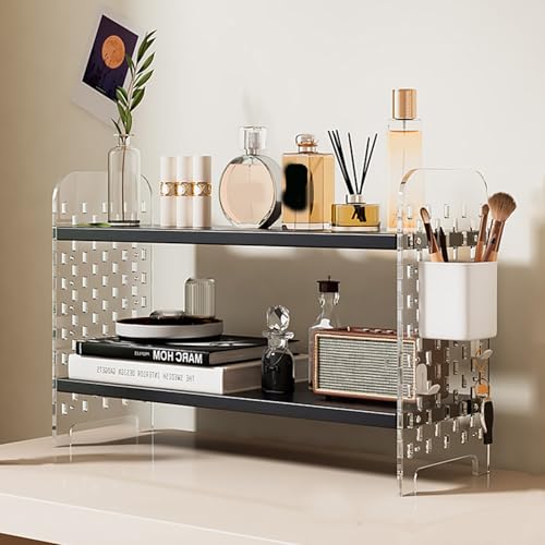 CWCQGH Adjustable Desk Top Organizer 2-tier Desktop Bookshelf, Desk Extender Pegboard Workstation, Adjustable Bookshelf Storage Rack for Tabletop,Svart-50x20x36cm