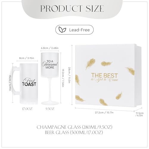 Image of AW BRIDAL Wedding Gifts for Couples 2026, Engagement Gift for Him and Her, Frosted Glass Champagne Flute and Beer Mug Set, Bridal Shower Present, Bride and Groom Toasting Glasses for Anniversary
