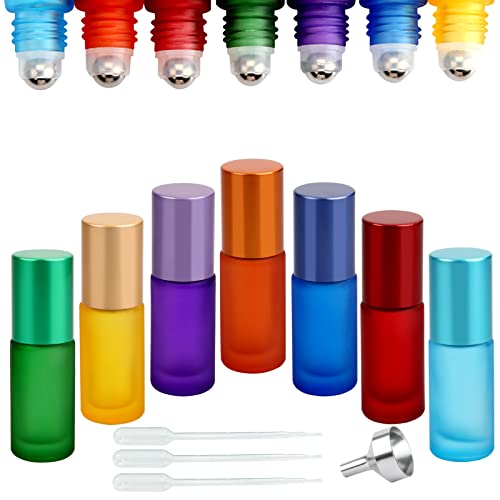 DKBT Roll on Rellenable 7 Piezas Colores 5ml Esmerilado Envase Roll on Cristal con Bola de Metal para Aceites Esenciales, Aromaterapia, Perfumes
