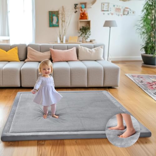Baby Play Mats for Floor Thick 3 CM Playpen Mat Ultra Soft Tummy Time Mat Easy Care with Non-Slip Cushioned for Infan (Grey 150 * 180CM)