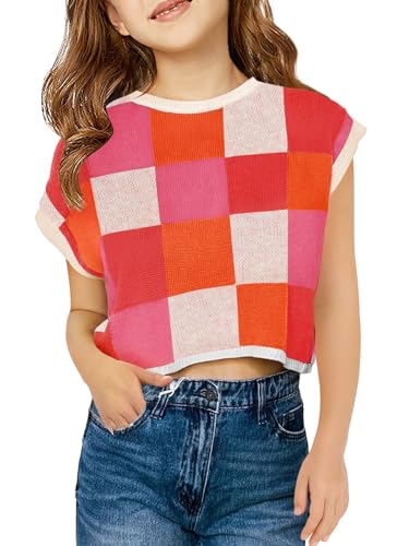 Image of Haloumoning Girls Summer Crop Tops Color Block Vest Cute Tanks Cap Sleeve Tee Loose Kids Knit Top 5-14 Years