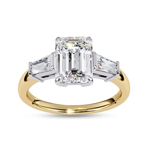 Three Stone Engagement Ring for Women, Center 9x6.5mm Emerald Cut Lab Created Moissanite Promise Ring in 10K / 14K Solid Gold or 925 Sterling Silver Jewelry Gift for Her