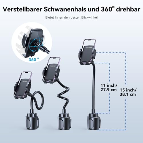 TECKNET Handyhalterung für Auto 2-in-1 – KFZ Handy Halterung für Lüftungslöcher & Getränkehalter, Biegbarer Hals, 360° Drehbar, EIN-Knopf-Freigabe, 100% Kratzschutz für iPhone, Galaxy Alle Smartphones 6