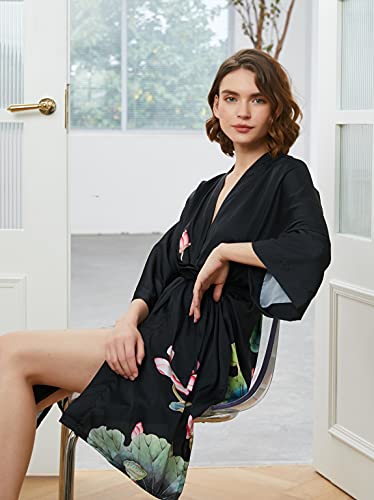 Ledamon Women's Kimono Short Robe - Classic Floral Bathrobe Nightgown (Black-A) #TOP4
