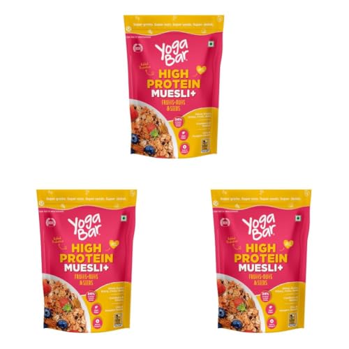 Image of Yogabar High Protein Muesli 850gm Fruits + Nuts & Seeds, 23g Protein per 100g | Packed with dehydrated fruits,nuts & seeds | Best High Protein Breakfast Cereal (Pack of 3)