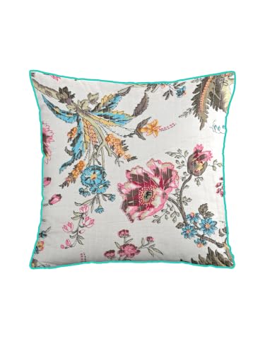 Image of Pure Cotton Quilted Cushion Cover 16x16 Inch | Anokhi Print Decorative Throw Pillow Cover | Soft Cotton Sofa Cushion Cover with Hidden Zipper | Living Room Bedroom Home Decor