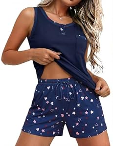 Jahetuul Schlafanzug Damen ärmellos Zweiteiler Sommer Pyjama Set Rundhals mit Knöpfe Baumwlloe Hausanzug Pyjamashorts Nachtwäsche Frauen