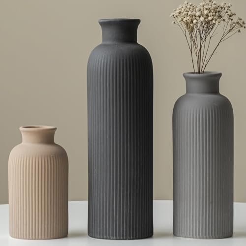 Modern Ceramic Vase Set, Black Ribbed Matte Design, 3-Piece Decor...