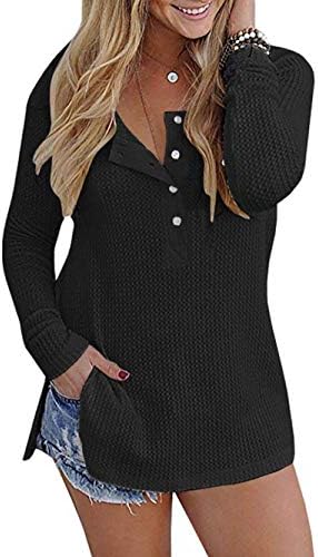 ALALEI Womens Long Sleeve Henley Blouse Fall Button Down Pullover Knit Loose Leisure Stylish Sexy Knit Sweaters Tops