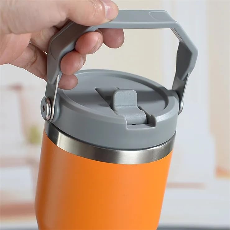 Miniatura 4 de Vaso de acero inoxidable de 30 onzas con doble aislamiento al vacío con asa y tapa con popote, vaso a prueba de fugas, botella de agua con popote