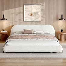 Queen Size Low Profile Bed Frame, Boucle Fabric Marshmallow Bedframe, Upholstered Cloud Bed Frame with Headboard, Modern Design Beds Set, No Box Spring Needed, Easy Assembly White, Queen