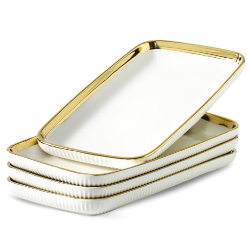 LETAOTAO Serving Platters, Ceramic Serving Platters Set of 4, 12 Inch Rectangular Serving Trays Dishes for Party Entertaining, White Dinner Plates with Gold Trim for Sushi Desserts Appetizers Salad