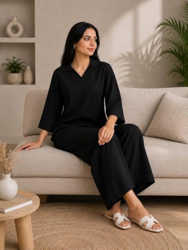 Image of Women's Co Ord Set for Women - Relaxed Fit Collared Top with 3 /4 Sleeves & Wide Leg Palazzo Pants, Casual Lounge Wear Matching Outfit for Daily Wear, Travel & Office