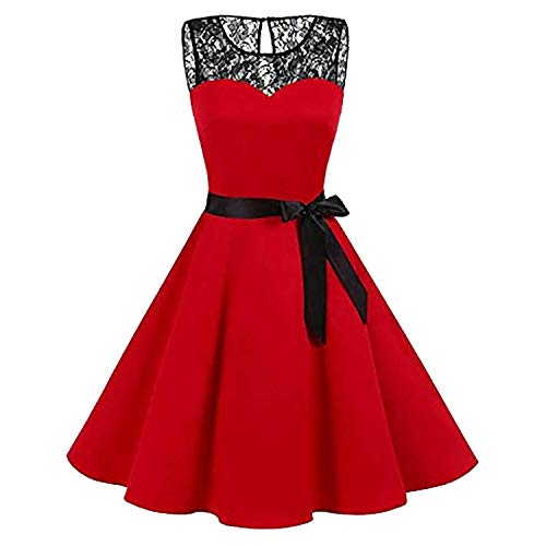 Sleeper Women High-Waist Pleated Dress Sleeveless Solid Lace Hepburn Vintage Swing Lady hot,Red,M