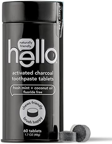 Hello Activated Charcoal Teeth Whitening Eco Friendly Travel Toothpaste Tablets, Fresh Mint and Coconut Oil, Fluoride Free, TSA Compliant, Vegan, SLS Free, Plastic-Free, 60 Tablets