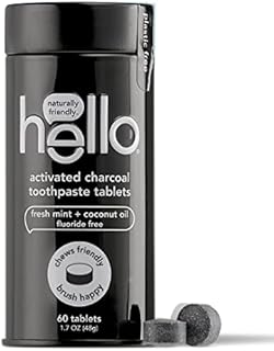 Hello Activated Charcoal Teeth Whitening Eco Friendly Travel Toothpaste Tablets, Fresh Mint and Coconut Oil, Fluoride Free, TSA Compliant, Vegan, SLS Free, Plastic-Free, 60 Tablets