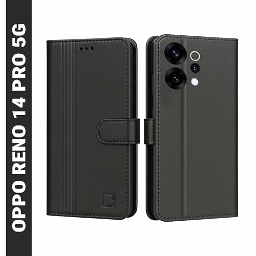 Image of AIBEX Shock Proof Flip Compatible for Oppo Reno 14 PRO 5G Flip Cover Leather Finish | Inside TPU with Card Pockets | Wallet Stand | Complete Protection Flip Case - Black