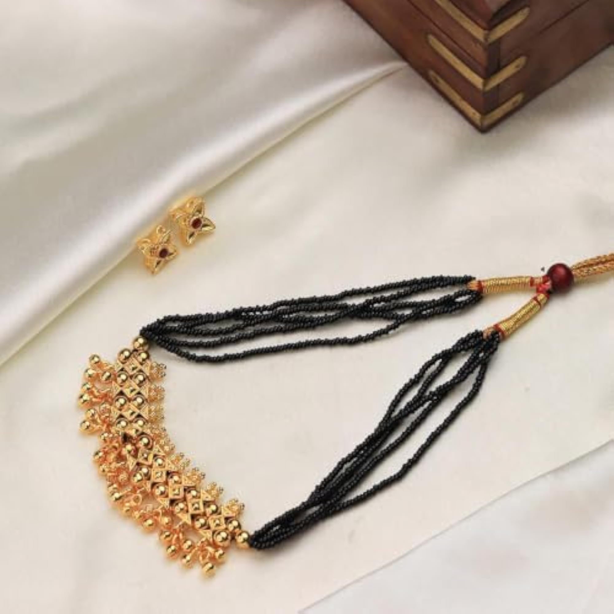 Women's Designer Temple Black Bead Mangalsutra Set with Earrings