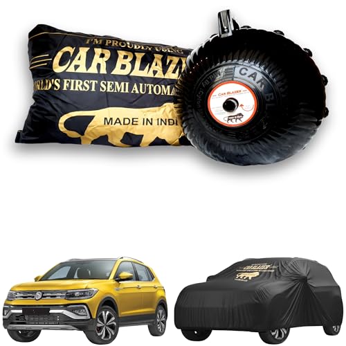 Image of CARBLAZER Portable & Semi-Automatic Full Body Car Covers: Heavy Duty Device| Anti-Theft| Dust & Scratch Proof | Water & Wind Resistant|Custom Fit| Dual-Side Cover, Compatible for Volkswagen taigun