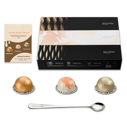 30x Barista Creations Vertuo Capsules: 10 Maple Pecan, 10 Sweet Vanilla Coffee Pods, 10 Caramel Golden Caramel - Vertuo Capsules for Nespresso Vertuo Machines - With Coffee Spoon