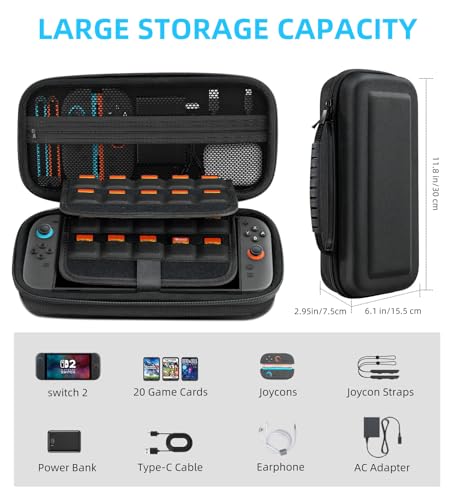 TiMOVO Portable Carrying Case for Nintendo Switch 2 2025, Large Capacity, Protective Hard Shell Travel Case Pouch for Switch 2 with 20 Game Card Slots and Pockets for Console & Accessories, Black - Thumbnail 2