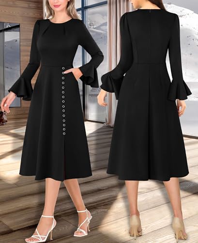 VFSHOW Womens Pleated Crew Neck Bell Sleeve Pockets Front Slit Buttons Business Work Office Slim Fit and Flare A Line Dress2