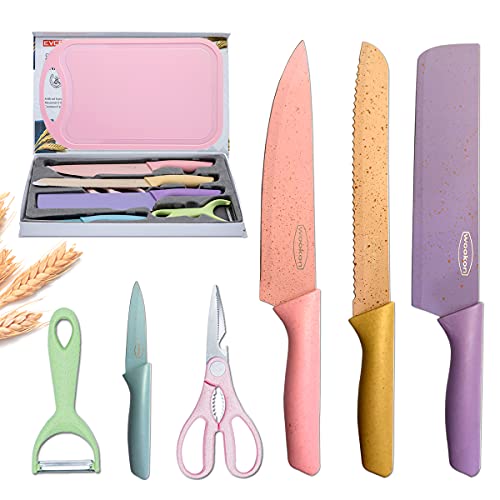 Conjunto de 7 facas de cozinha coloridas com caixa de presente, l&acirc;minas antiaderentes com a&ccedil;o...