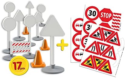 Lena 04440 - Traffic sign set with 17 parts, 9 traffic signs approx. 16 cm, 5 pylons and 3 construction fences, supplement for toy vehicle series Truxx, Worxx, Truckies, EcoAktives, Aktive and Profi