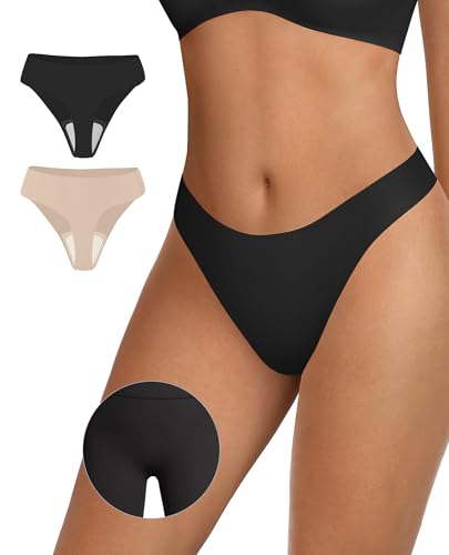 Image of OEAK Seamless Thongs for Women Invisible Thongs No Show Thong Panty Liners Tangas Comfortable Workout G-Strings Underwear Black+Skin Nude M