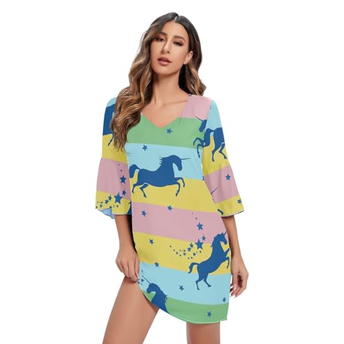 Robe col en V imprimé licorne pastel une coupe raffinée et des finitions soignées pour l'été
