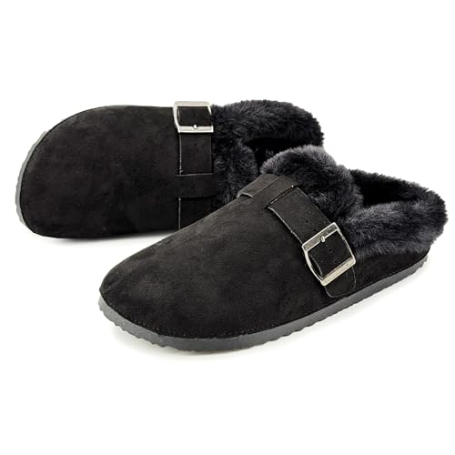 JOMIX Zapatillas Casa Mujer Invierno Zuecos Forrados Peluche Cálidas en Gamuza Siintética Clogs Hebilla Ajustable Pantuflas Suela Antideslizante Mules Cómodos para Interior MCT255274 Negro 36