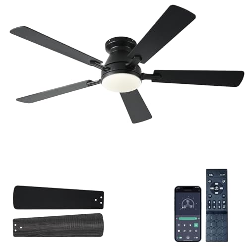 Ayaoty 54 inch Ceiling Fans with Lights and Remote, Low Profile Ceiling Fan with Light, Flush Mount, Reversible, 3CCT, Dimmable, Noiseless, Black Ceiling Fan for Bedroom, Indoor/Outdoor Use