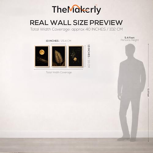 Image of TheMakerly Set of 3 Moon & Golden Palm Leaf Wall Art Paintings for Living Room | Modern Luxury Black Gold Wall Decor | Framed Wall Paintings for Bedroom, Hall, Office & Home Decoration (10x13 Inches)