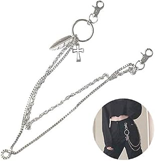 Ceqiny 2 Layer Pocket Chain Feather Jeans Chain Women Pants Chain Waist Chain Belt Chain Hip Hop Punk Chain DIY Motorcycle Jean Gothic Rock Key Chain with Lobster Claw Clasp Trigger Snap Hook for Men