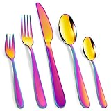 Cibeat 30-teiliges Besteckset Regenbogen Edelstahl Besteck, Messer Gabel Löffel Utensilien Set Service für 6, Spiegelpolitur & Spülmaschinenfest