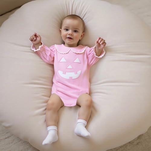 Newborn Baby Girl Halloween Outfit Pumpkin Bubble Onesie Romper Long Puff Sleeve Bodysuit Infant Fall Clothes4