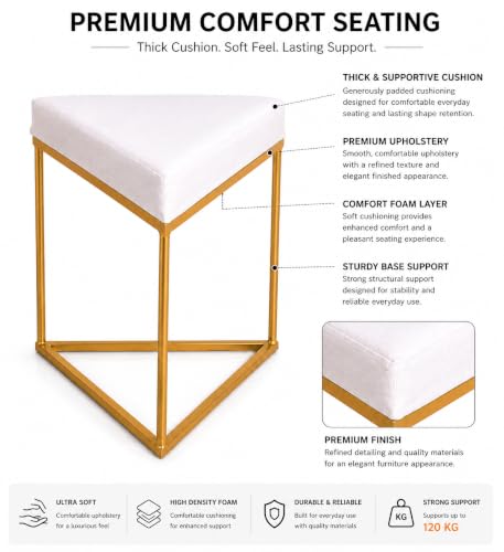 Image of Modern Velvet Triangular Vanity Stool with Gold Metal Frame | Upholstered Makeup Chair for Dressing Table | Accent Seating for Bedroom, Living Room & Home Decor- Cream