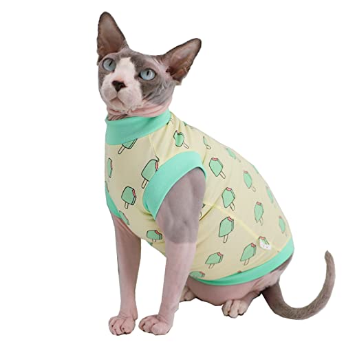 Sphynx-Hairless-Cat-Summer-Cotton-T-Shirts-Cat-Vest-Pet-ClothesRound-Collar-Vest-Kitten-Shirts-Sleeveless-Cats-Small-Dogs-Apparel-Medium-Green-Popsicles