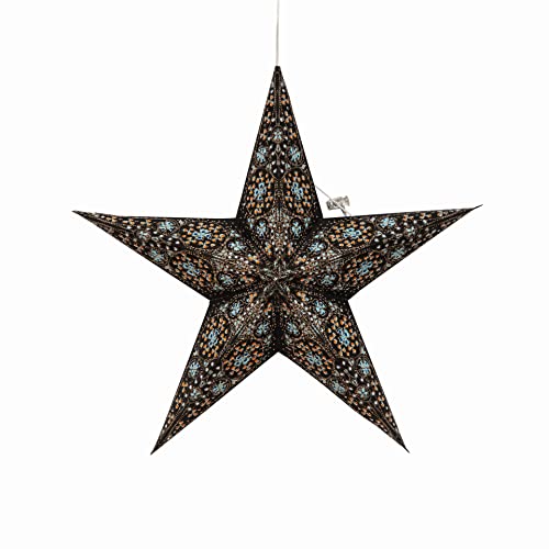 Image of Artschatz Cathedral Paper Lantern Star Light - 5 Point O 15 inch - Black /Turquoise with Blue /Orange Tissue Inlay